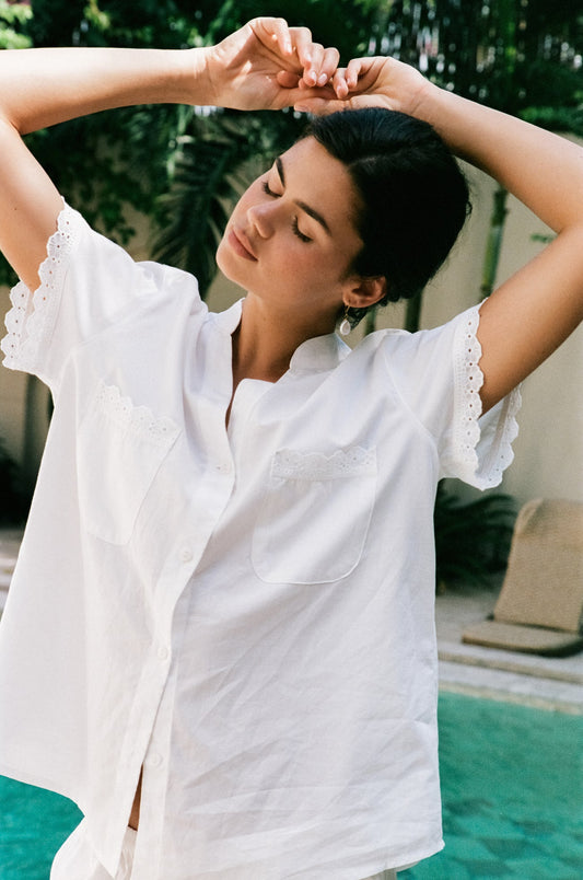 Maggie Pyjama Set - Cotton Modal - Off White + Daisy Trim