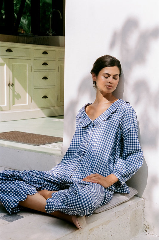 Piyama Penelope Sleep Set - Long - Gingham - Navy — front view