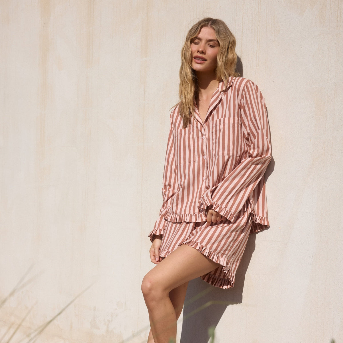 Piyama Felicity Frill Set - Long Sleeve - Cotton Modal - Stripe Mocha — view 5