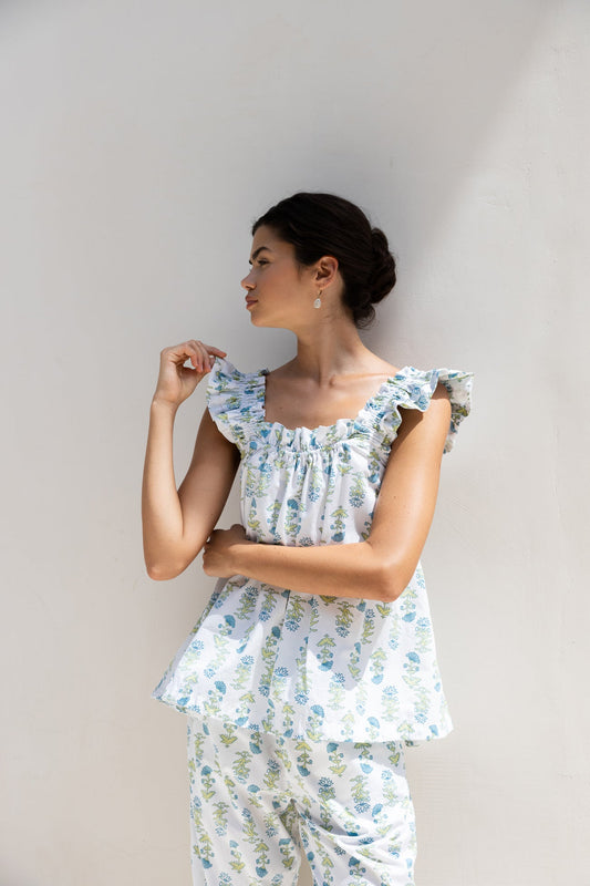 Nicolette Sleep Set - Pants - Lotus Flower - Blue