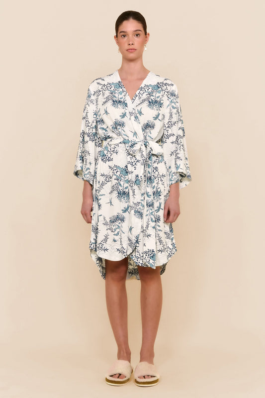Short Kimono Robe - Summer Toile - Aegean Blue