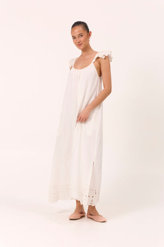 Indah Lounge Dress - Cotton Embroidery - Vanilla