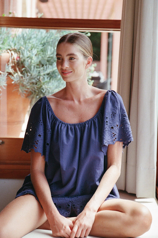 Piyama Betty Lounge Set - Cotton Embroidery - Twilight Blue — front view