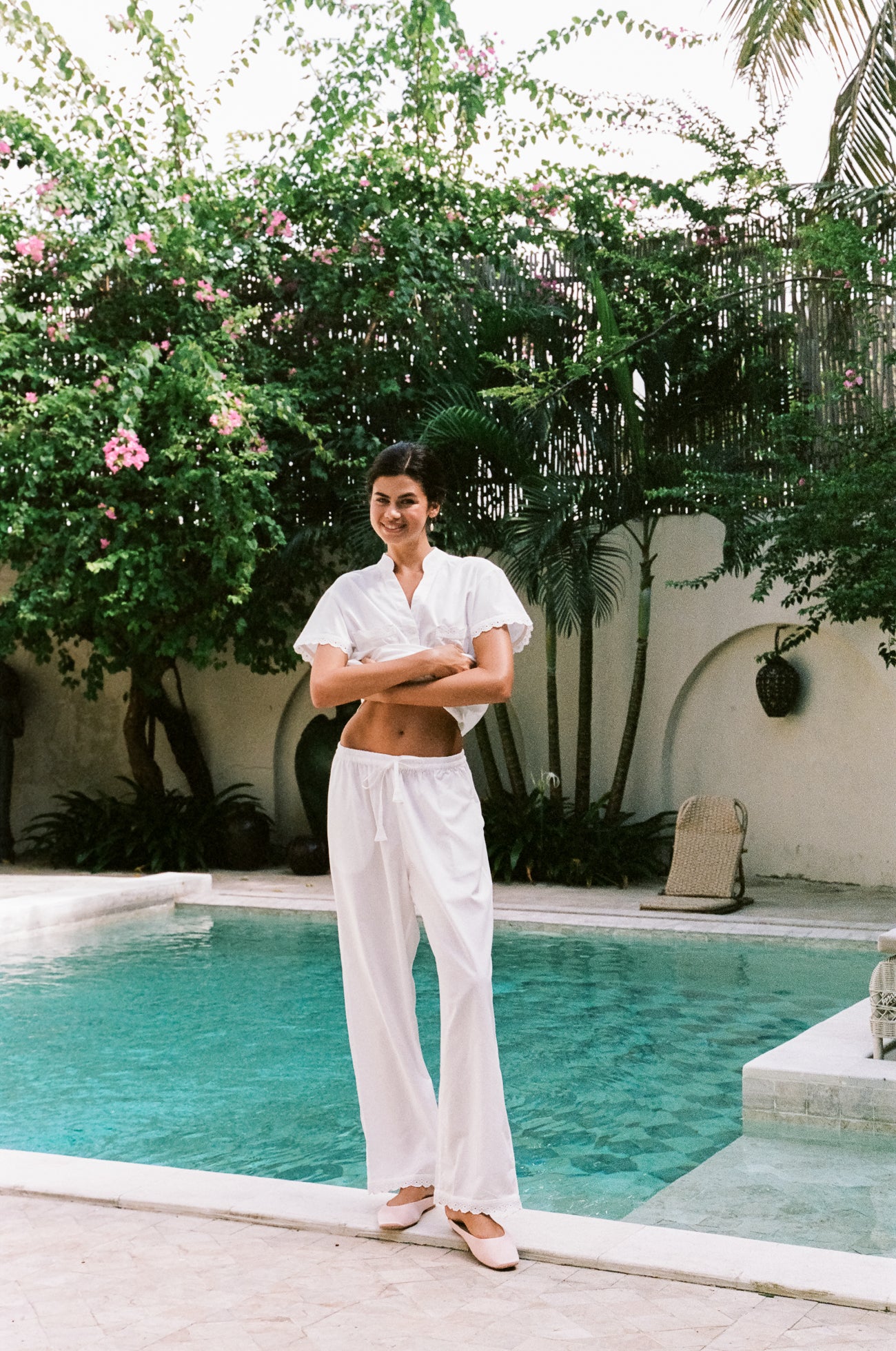 Maggie Pyjama Set - Long Pants - Off White Cotton Modal + Trim