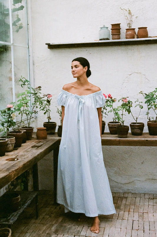 Lily Lounge Dress - Long - Gingham Pale Blue