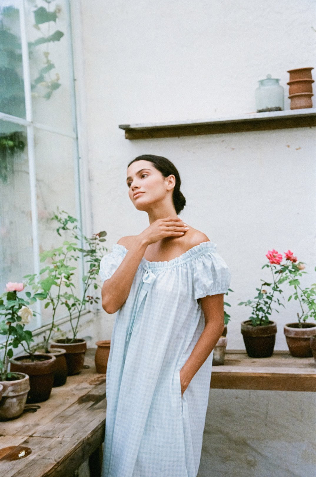 Lily Lounge Dress - Long - Gingham Pale Blue