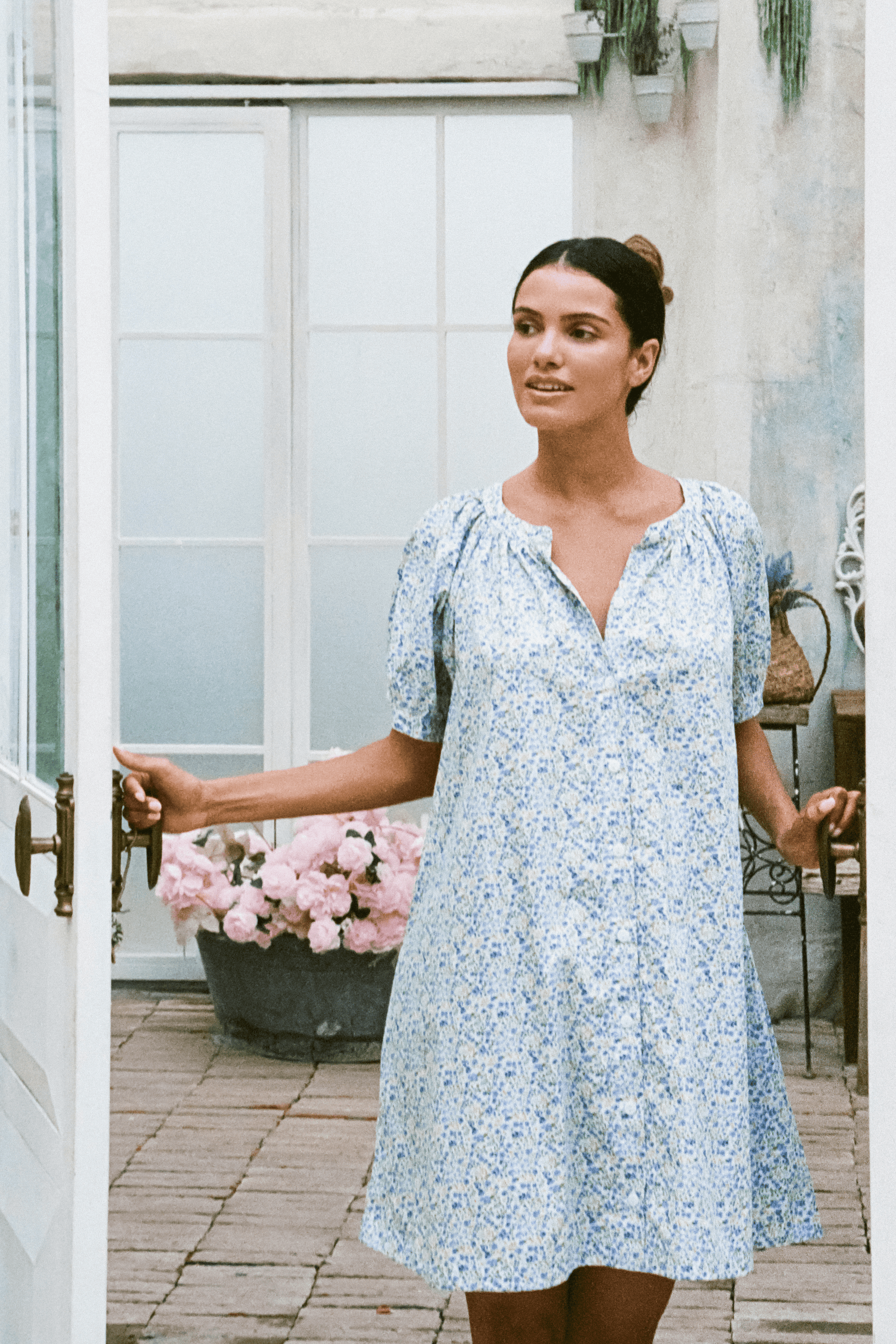 Libby Lounge Dress - Cotton - Floret Blue Piyama Libby Lounge Dress - Cotton - Floret Blue Piyama