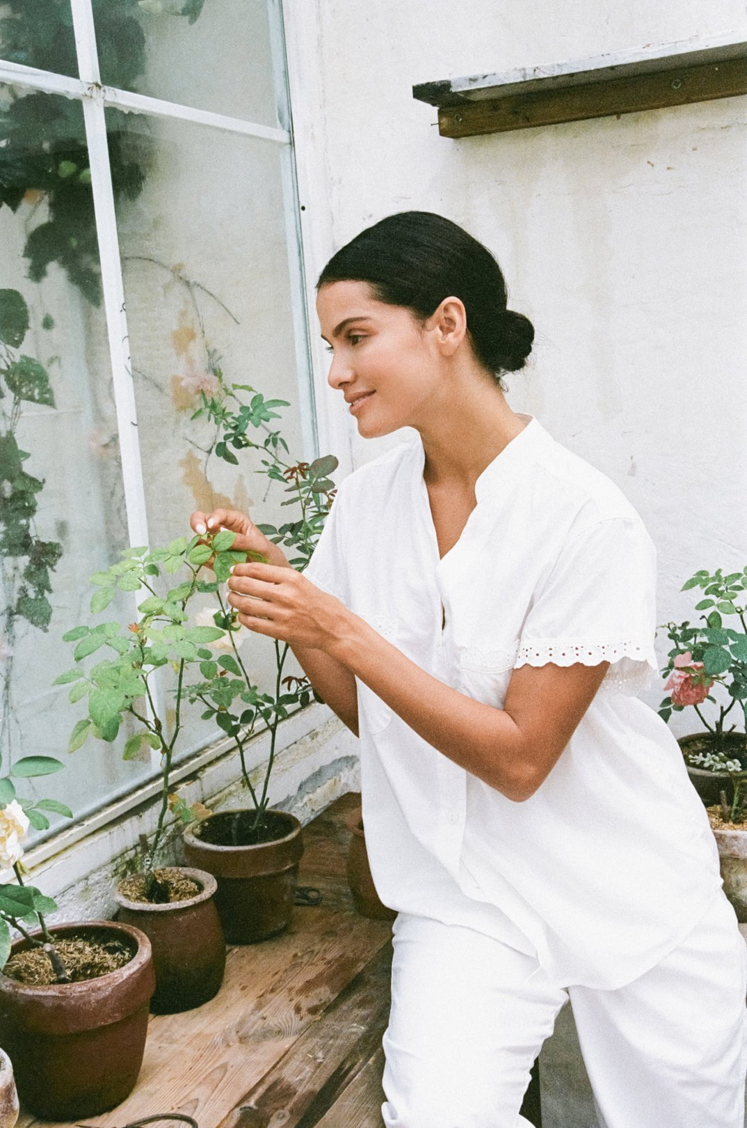 Maggie Pyjama Set - Long Pants - Off White Cotton Modal + Trim