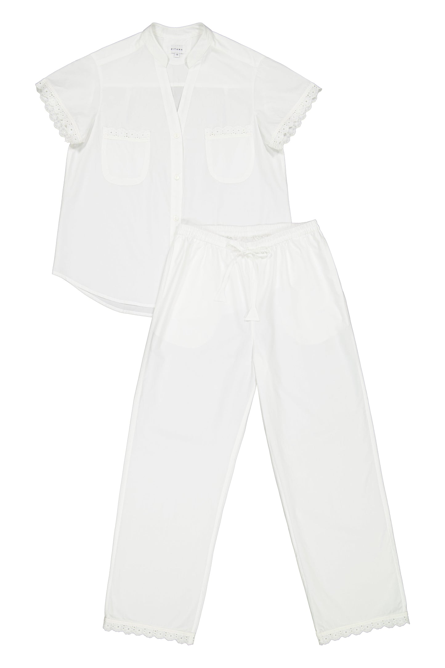 Maggie Pyjama Set - Long Pants - Off White Cotton Modal + Trim