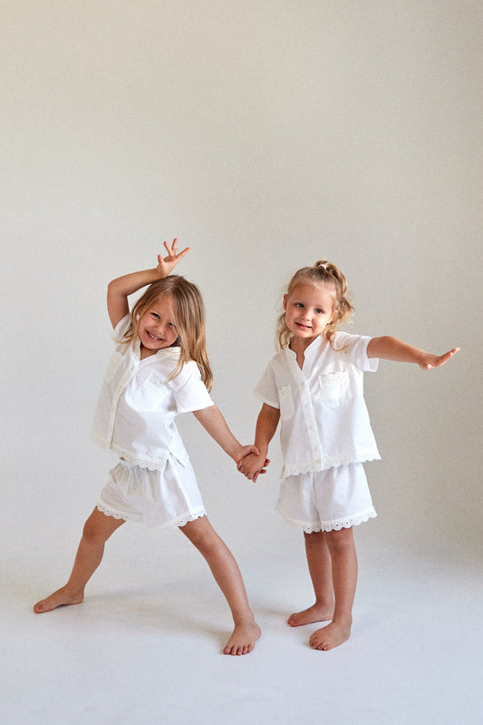 Girls Maggie Pyjama Set - Off White + Daisy Trim