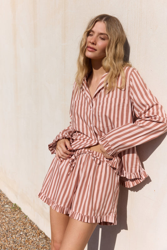 Felicity Frill Set - Long Sleeve - Cotton Modal - Stripe Mocha
