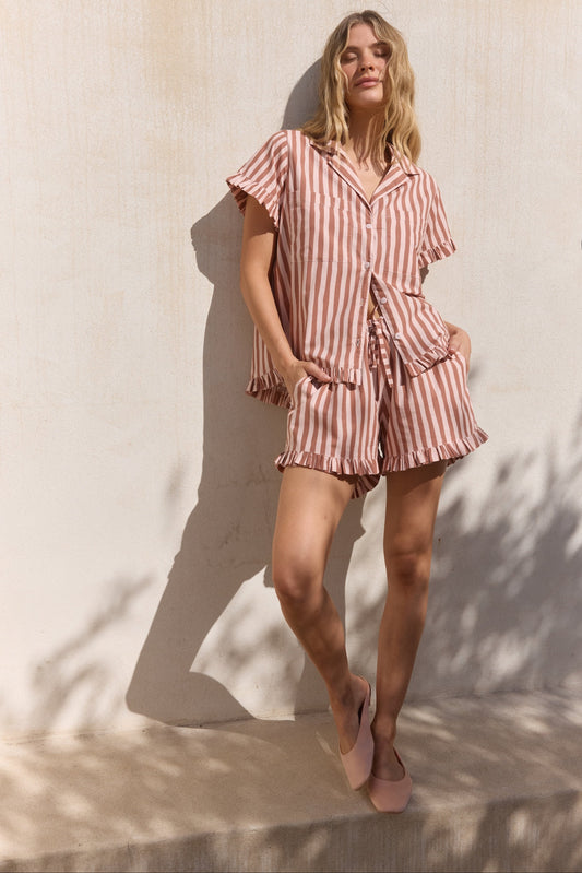 Felicity Frill Set - Cotton Modal - Stripe Mocha