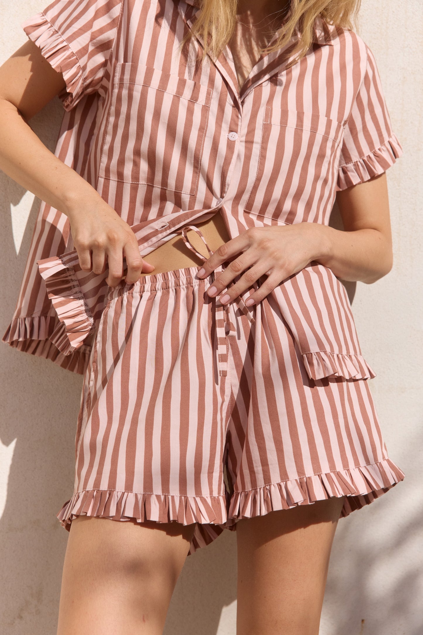 Felicity Frill Set - Cotton Modal - Stripe Mocha