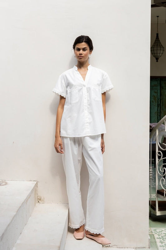 Maggie Pyjama Set - Long Pants - Off White Cotton Modal + Trim