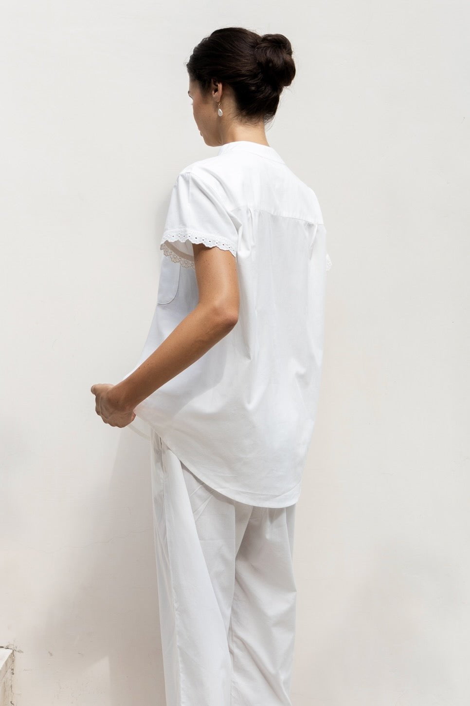 Maggie Pyjama Set - Long Pants - Off White Cotton Modal + Trim