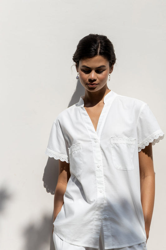 Maggie Pyjama Set - Long Pants - Off White Cotton Modal + Trim