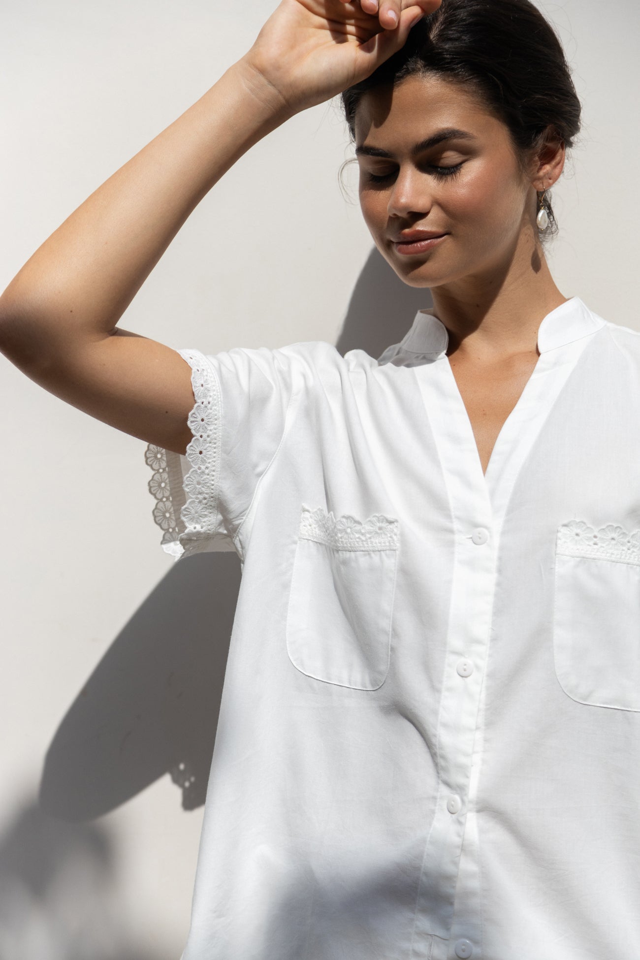 Maggie Pyjama Set - Long Pants - Off White Cotton Modal + Trim