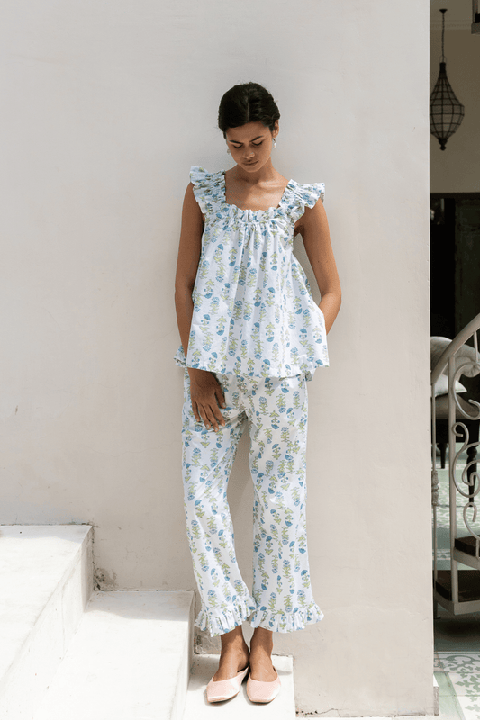 Nicolette Sleep Set - Pants - Lotus Flower - Blue