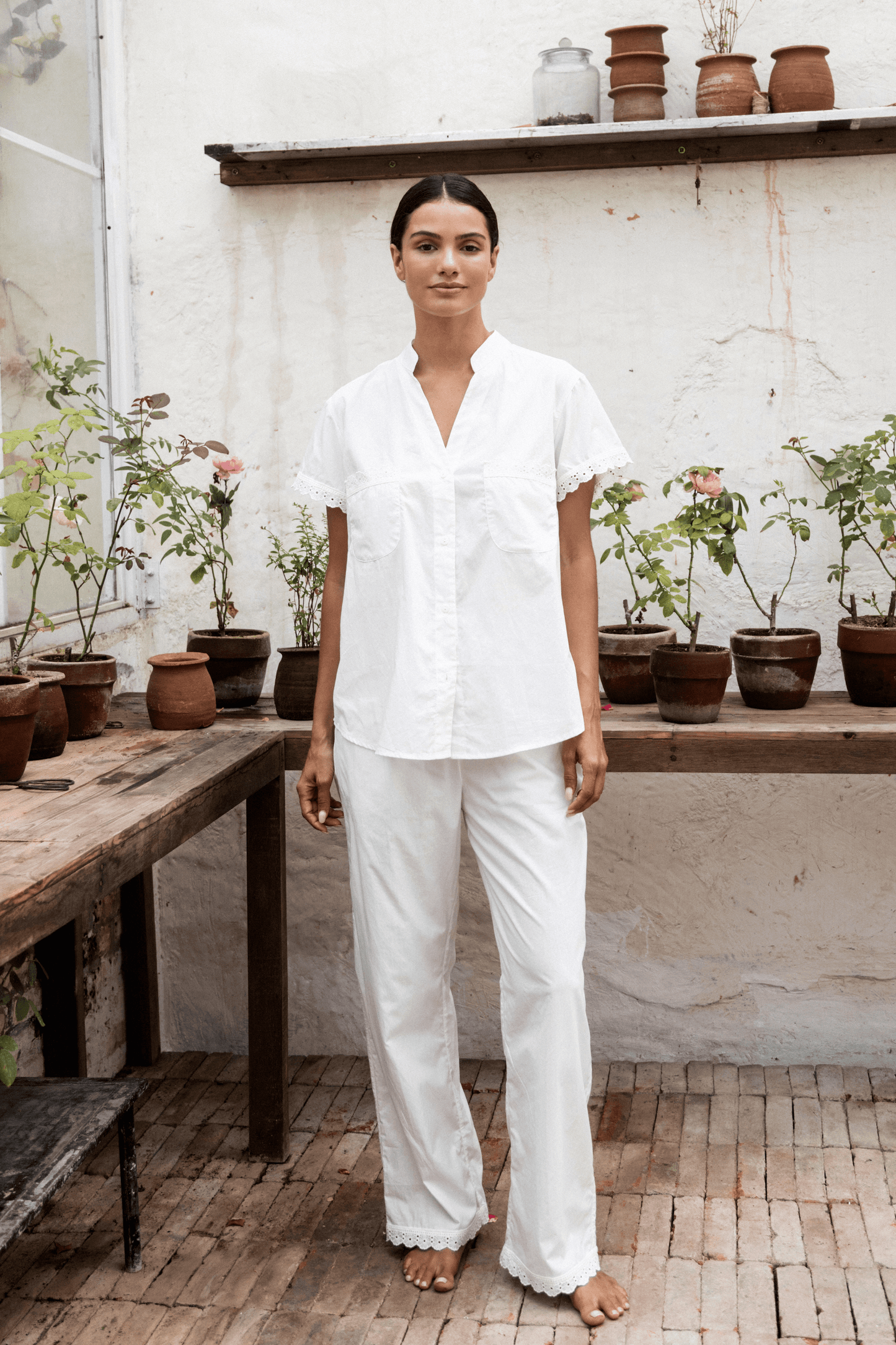 Maggie Pyjama Set - Long Pants - Off White Cotton Modal + Trim
