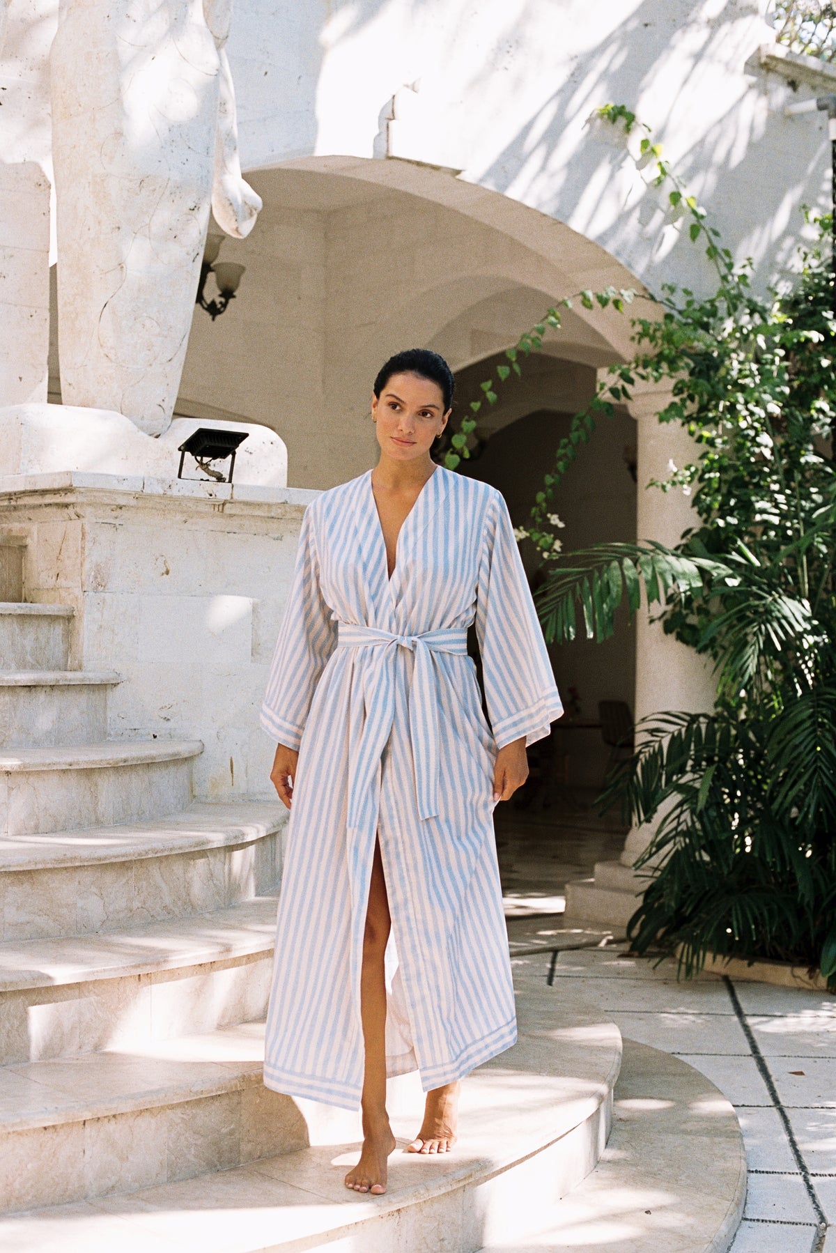 Alice Kimono Robe - Freehand Stripe - Milky Blue