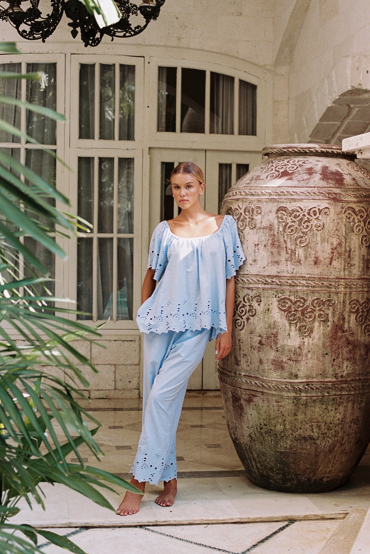 Betty Lounge Set - Pants - Cotton Embroidery - Delicate Blue