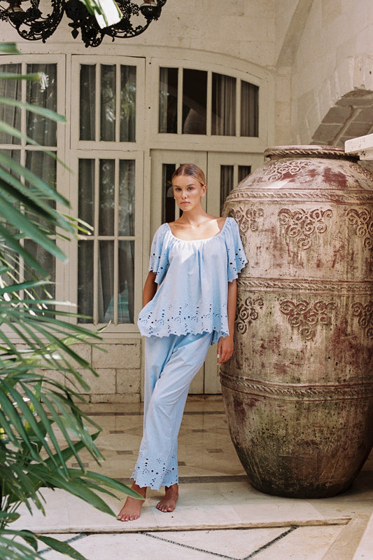 Betty Lounge Set - Pants - Cotton Embroidery - Delicate Blue
