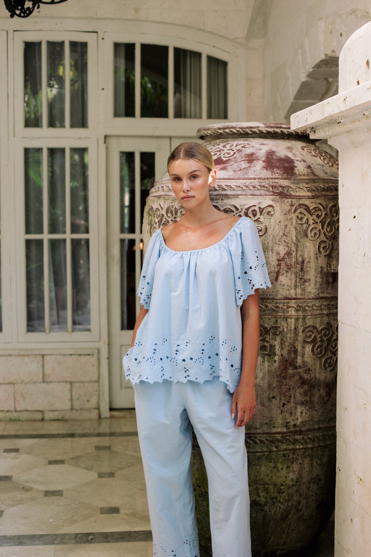 Betty Lounge Set - Pants - Cotton Embroidery - Delicate Blue
