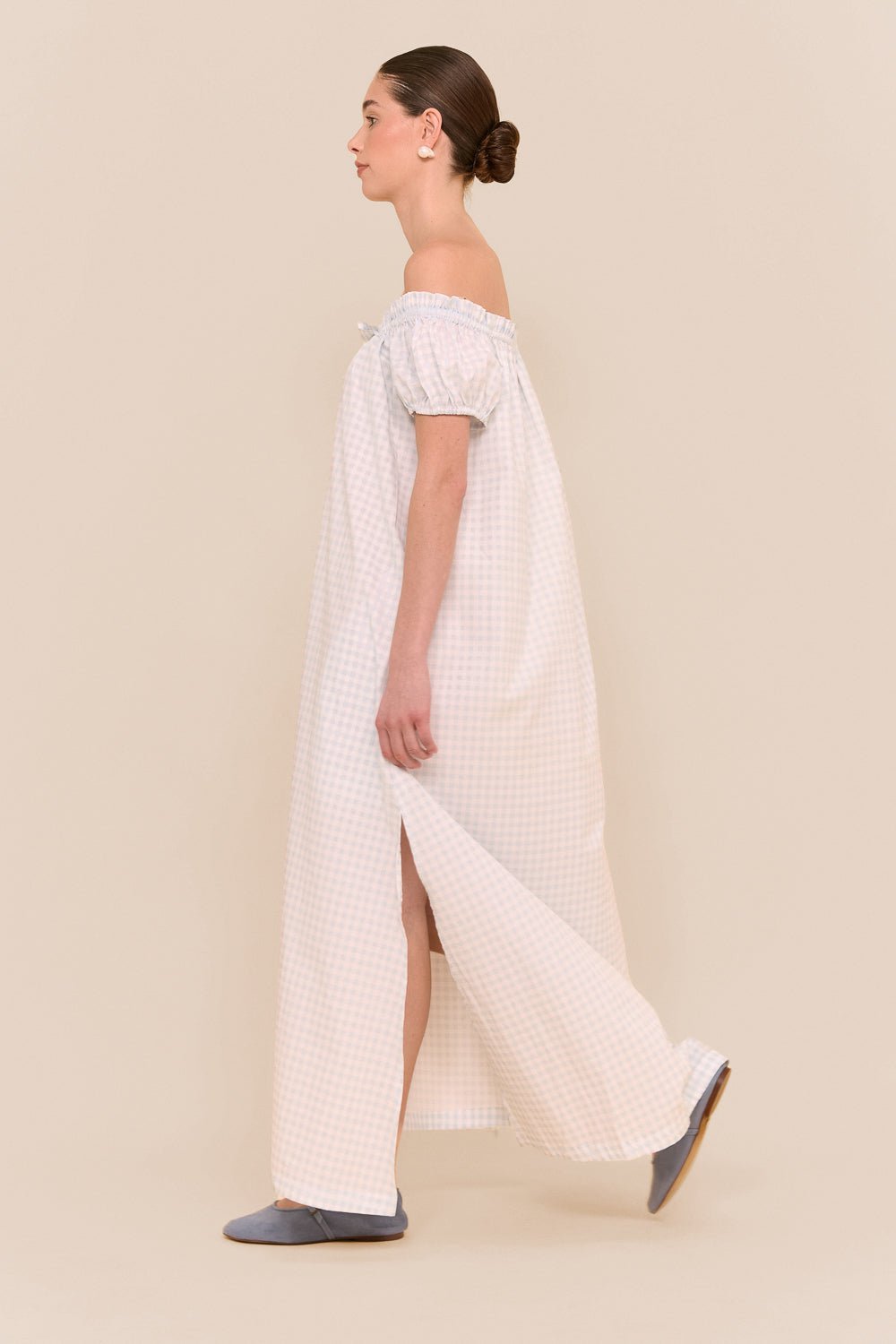 Lily Lounge Dress - Long - Gingham Pale Blue