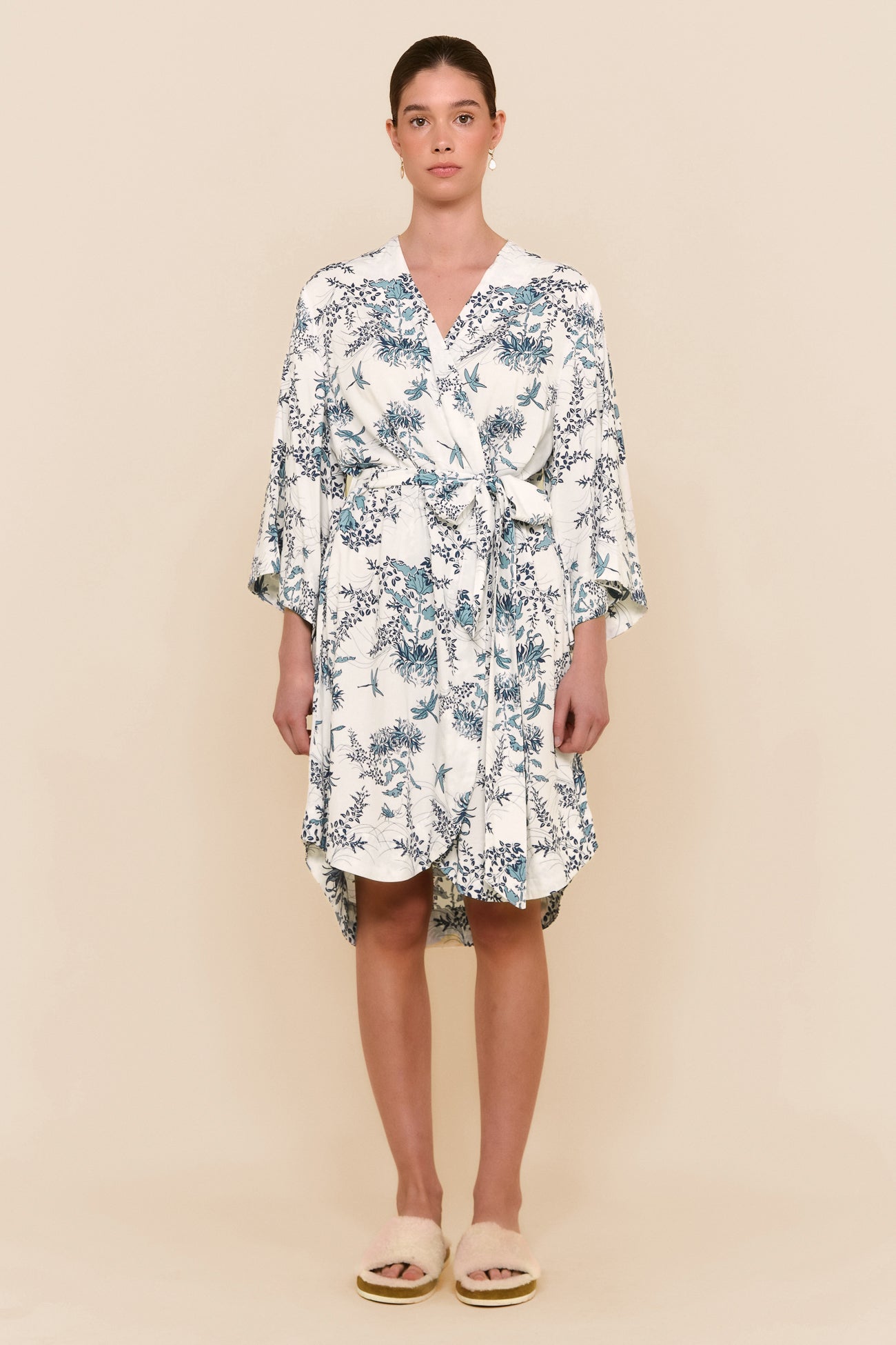 Short Kimono Robe - Summer Toile - Aegean Blue