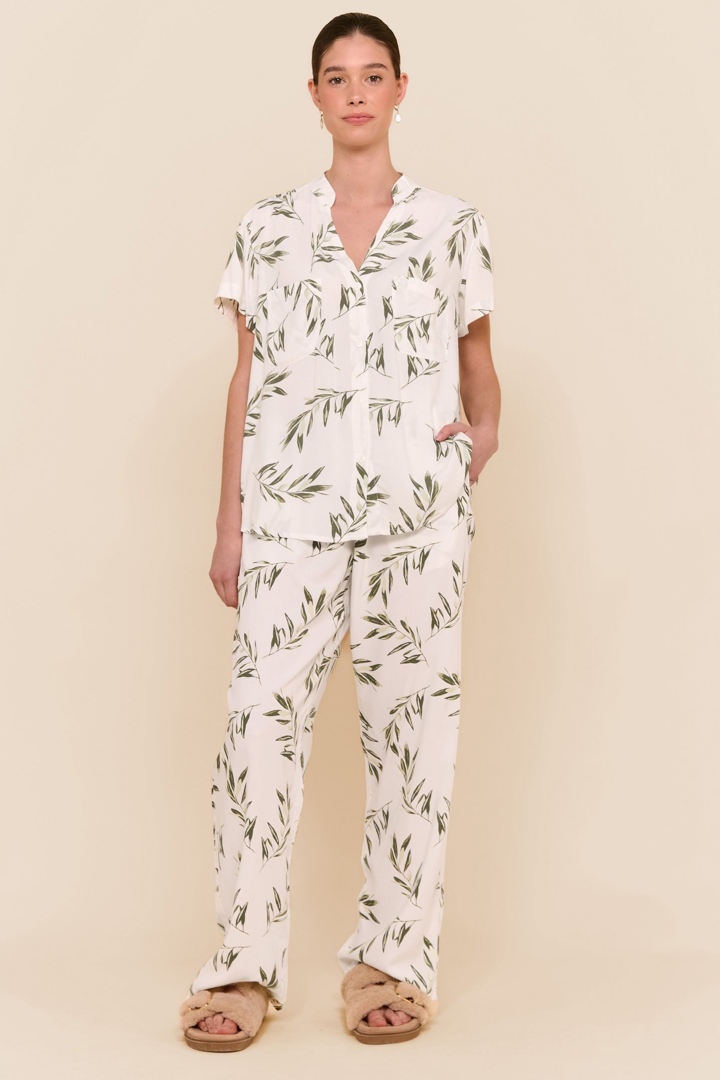 Maggie Pyjama Set - Long Pants - Olive Leaf