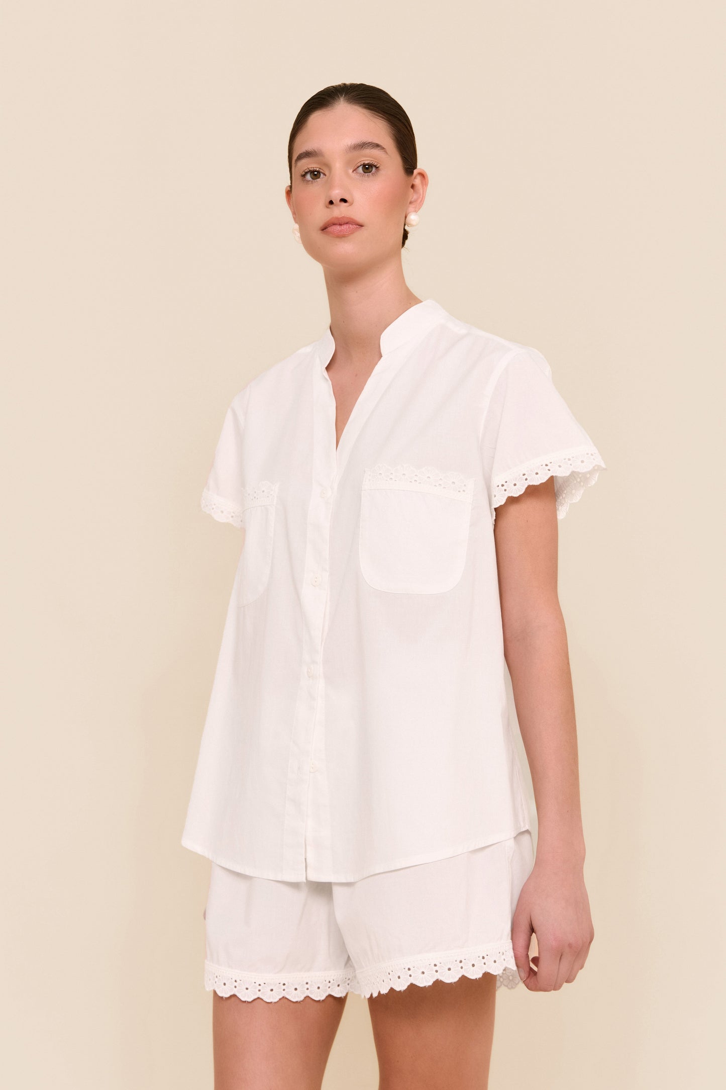 Maggie Pyjama Set - Cotton Modal - Off White + Daisy Trim