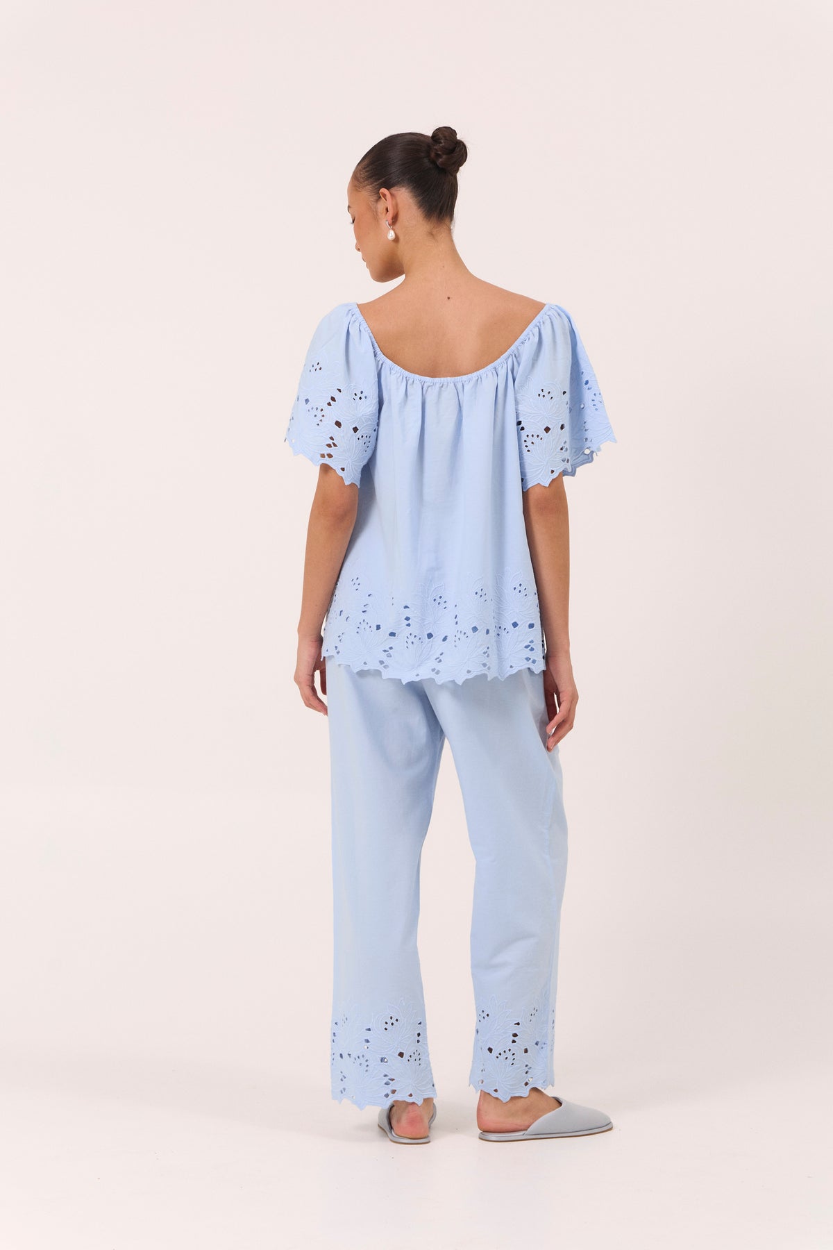 Betty Lounge Set - Pants - Cotton Embroidery - Delicate Blue