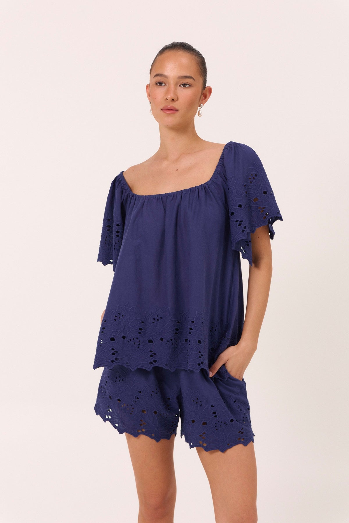 Piyama Betty Lounge Set in Twilight Blue – blue and navy lounge set – top and shorts in cotton – image 1