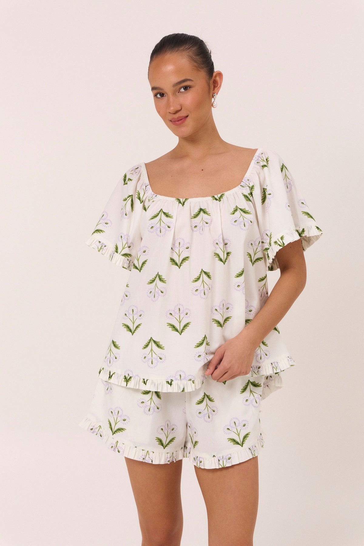 Piyama Betty Lounge Set in Dandelion Lilac – purple and green floral lounge set – top and shorts in cotton modal – image 3