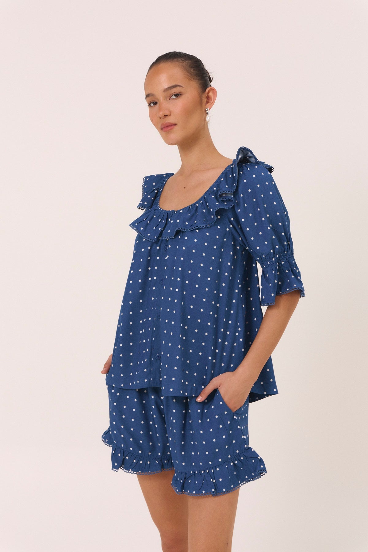Piyama Jemima Sleep Set in Indigo Dot – navy and blue pyjama set – top and shorts in LENZING™ ECOVERO™ rayon – image 9