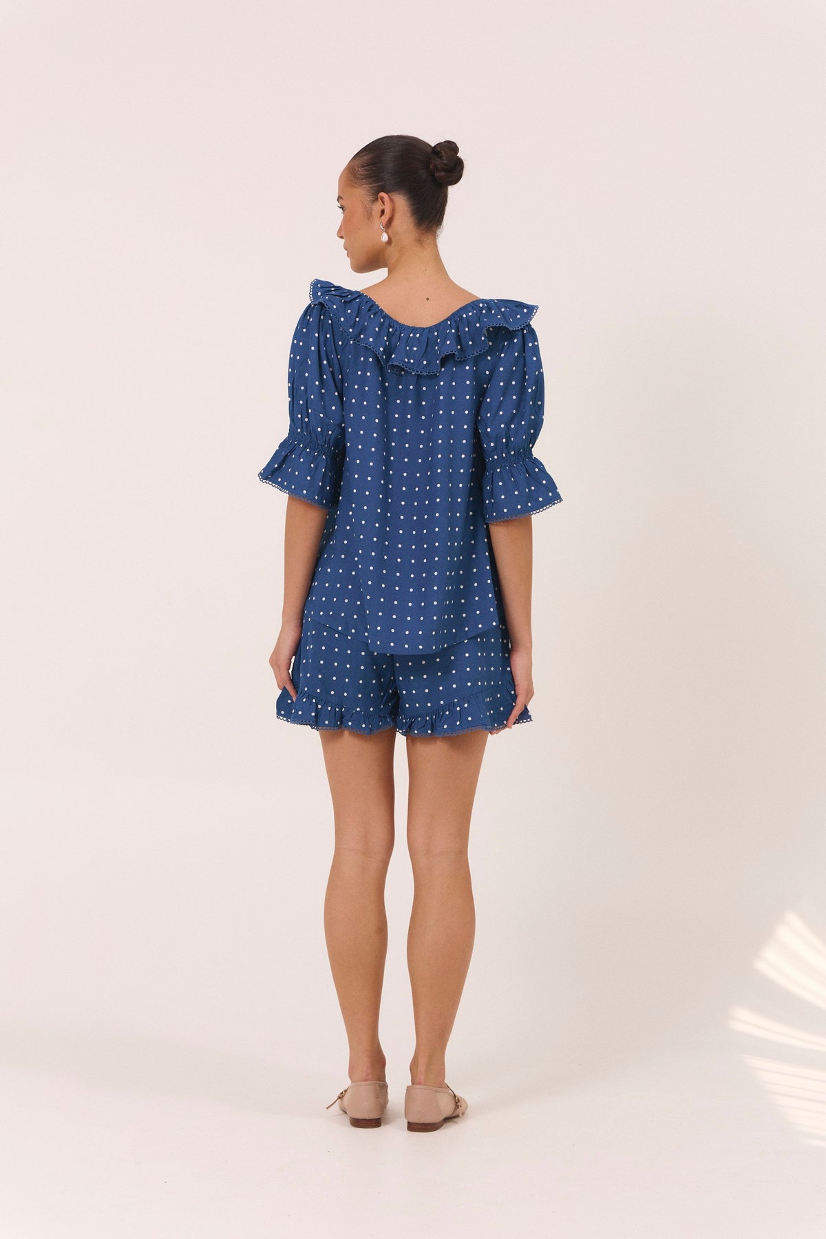 Piyama Jemima Sleep Set in Indigo Dot – navy and blue pyjama set – top and shorts in LENZING™ ECOVERO™ rayon – image 7