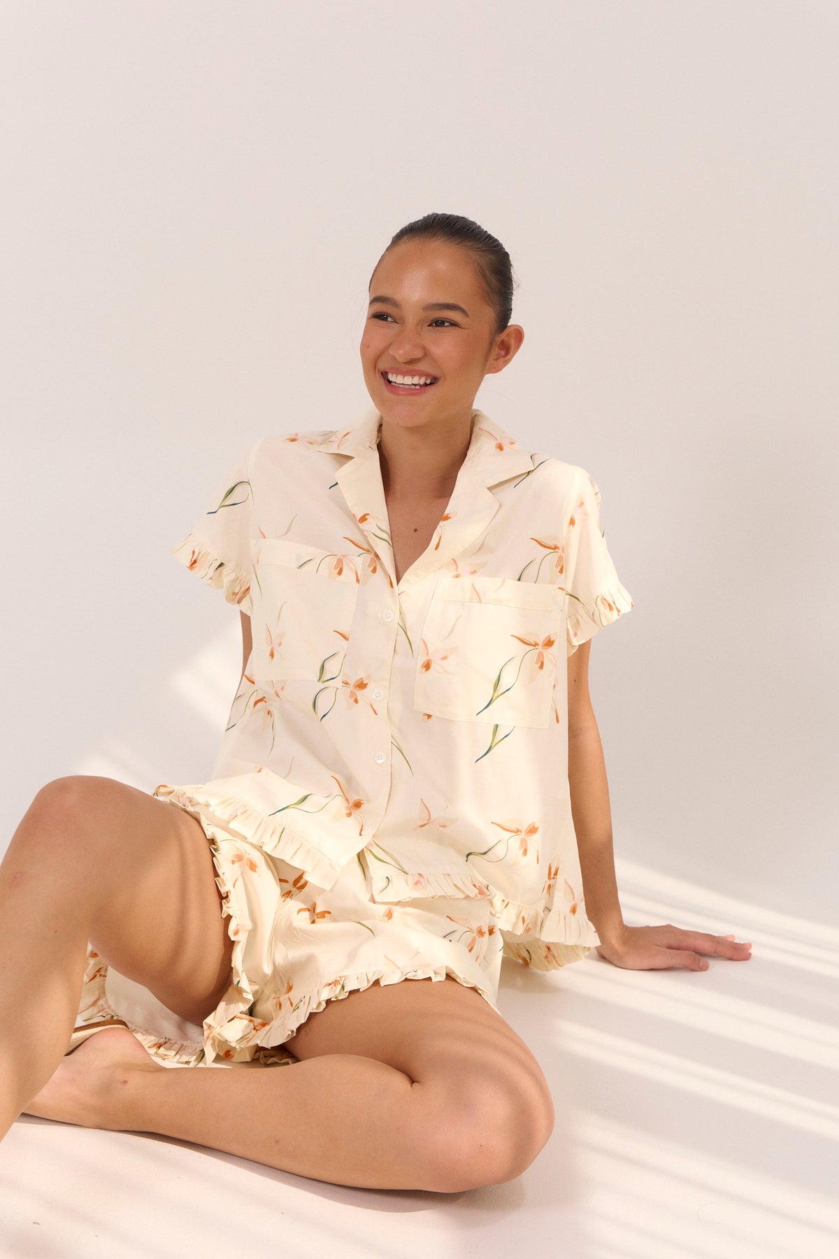 Piyama Felicity Frill Set in Lily – orange floral pyjama set – top and shorts in cotton modal – image 4