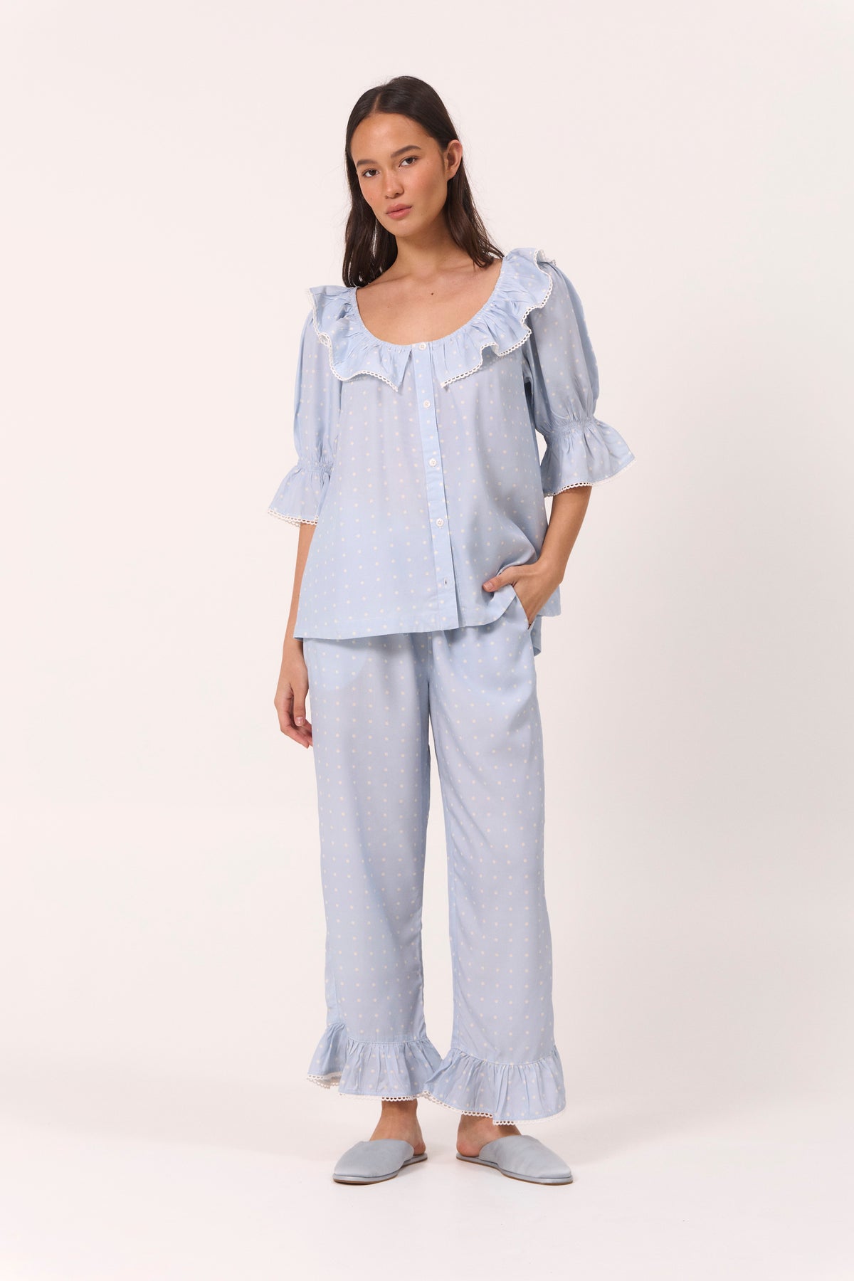 Jemima Sleep Set - Pants - ECOVERO™ - Milky Blue Dot