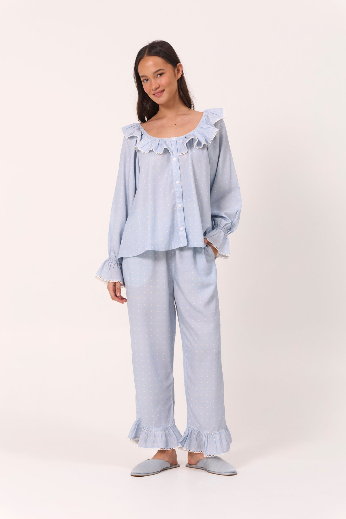 Jemima Sleep Set - Long - ECOVERO™ - Milky Blue Dot