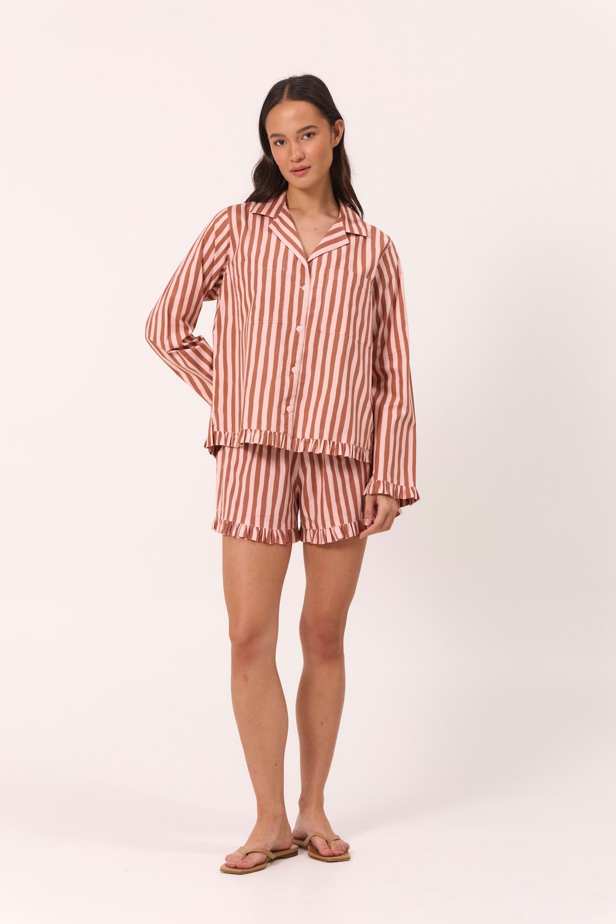 Felicity Frill Set - Long Sleeve - Cotton Modal - Stripe Mocha