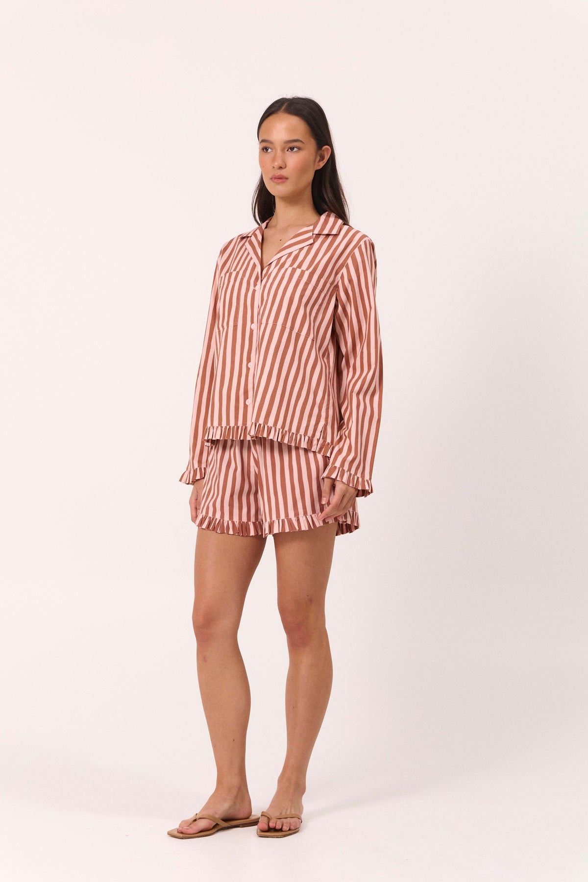Felicity Frill Set - Long Sleeve - Cotton Modal - Stripe Mocha
