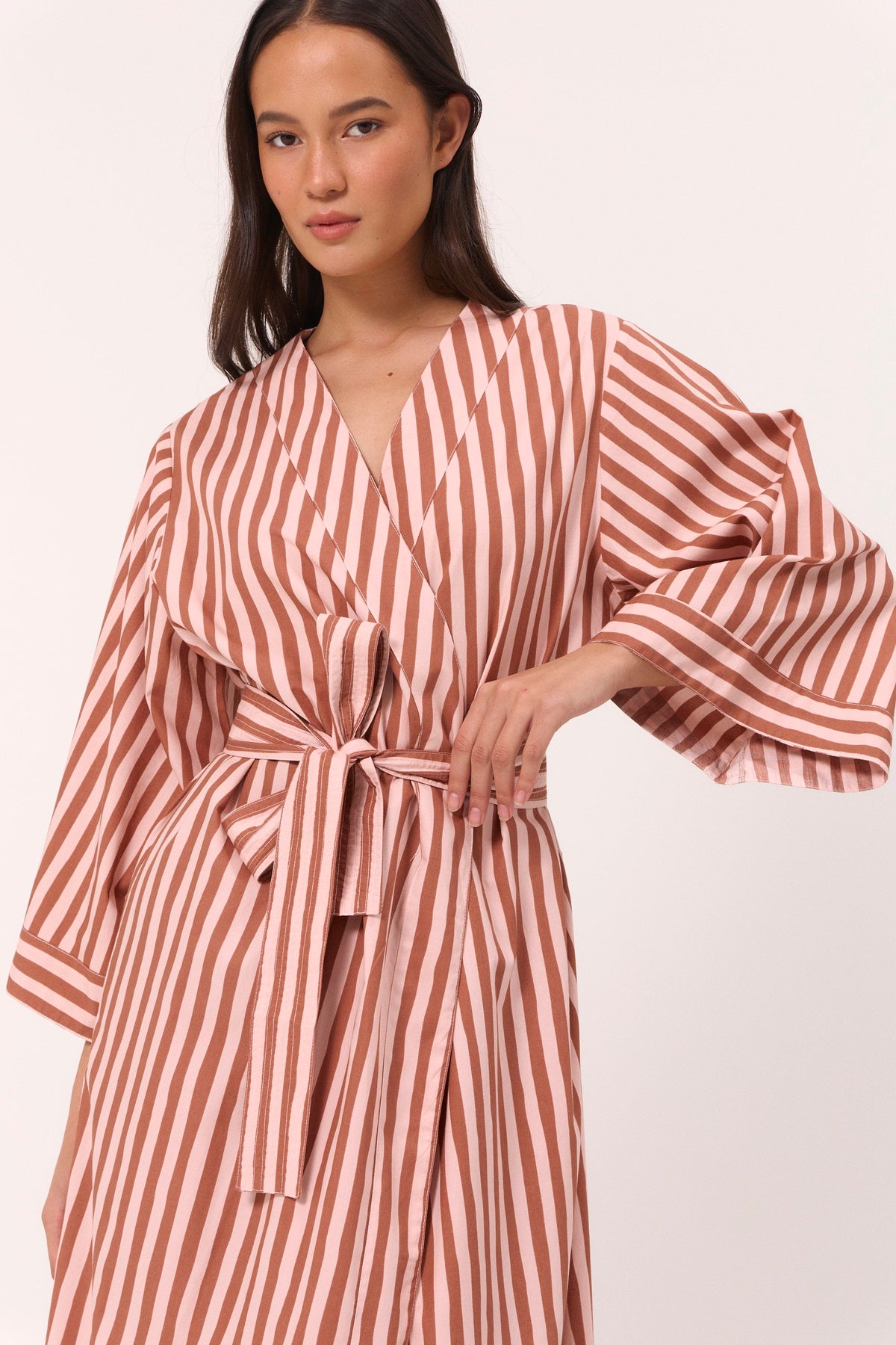 Alice Kimono Robe - Cotton Modal - Stripe Mocha