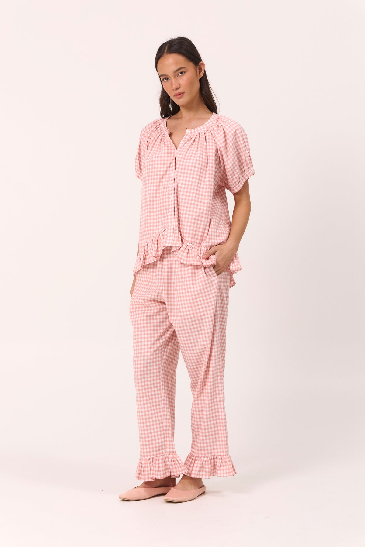 Sophie Sleep Set - Pants - Gingham - Petal Pink