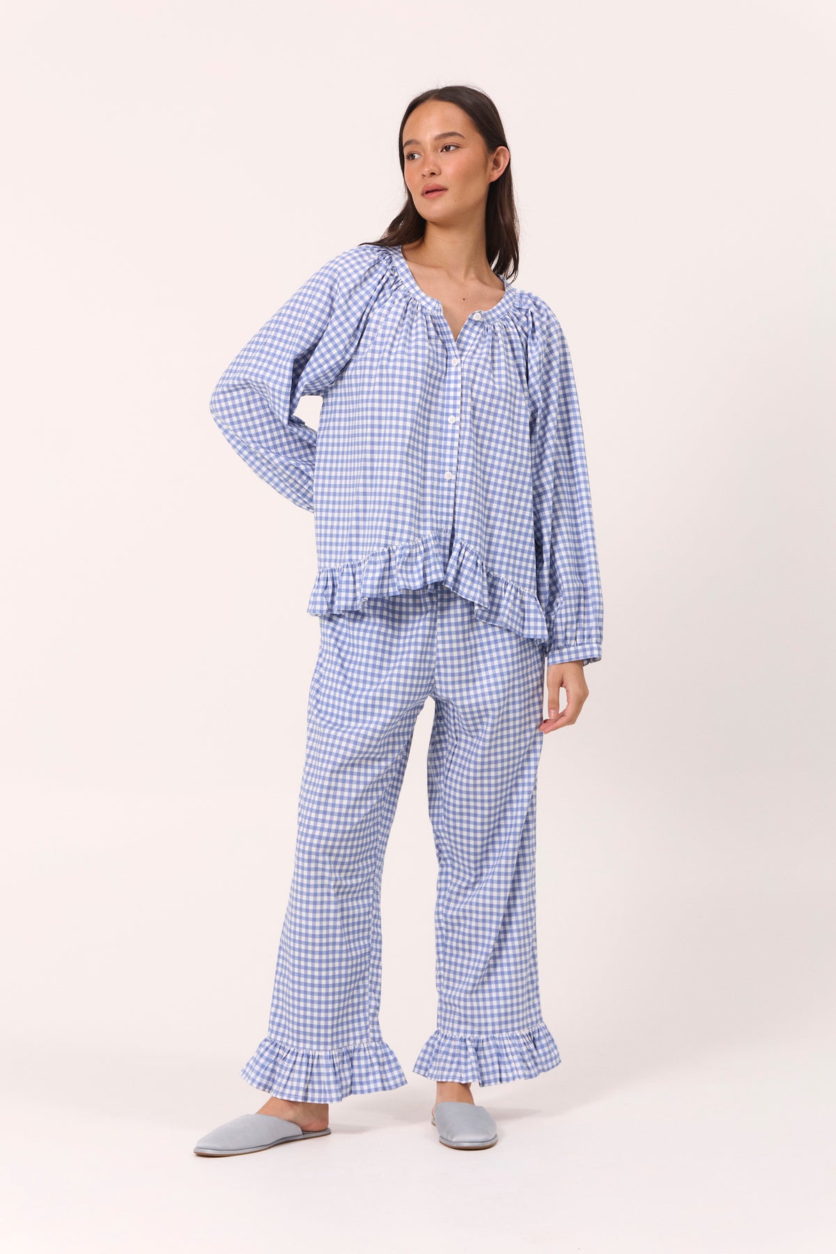 Sophie Long Sleep Set - Gingham - French Blue