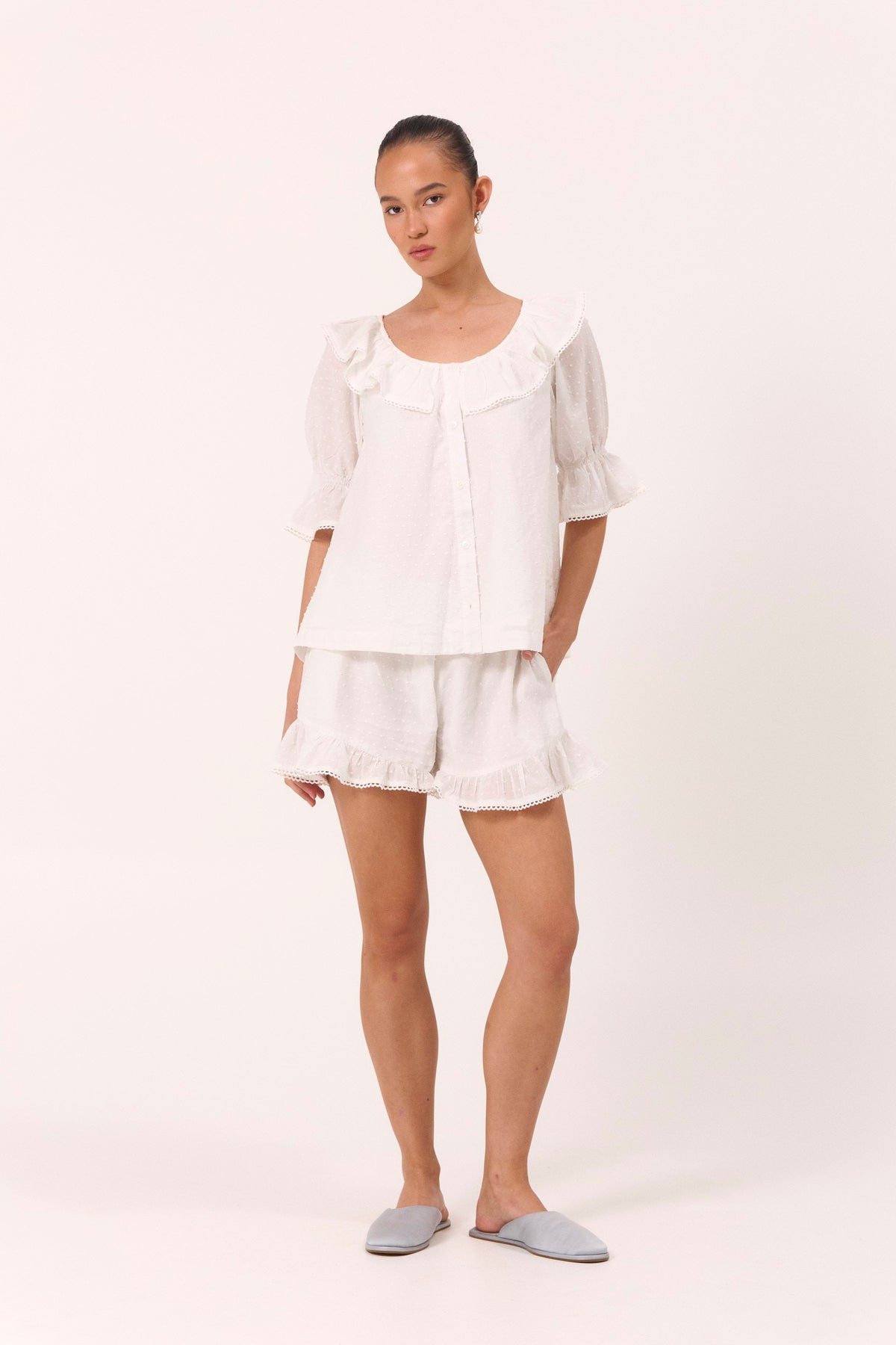 Piyama Jemima Sleep Set in Cotton Swiss Dot – white pyjama set – top and shorts in cotton – image 3