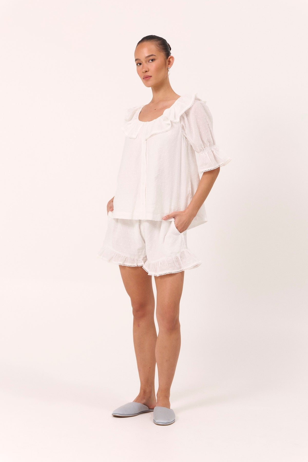 Piyama Jemima Sleep Set in Cotton Swiss Dot – white pyjama set – top and shorts in cotton – image 9