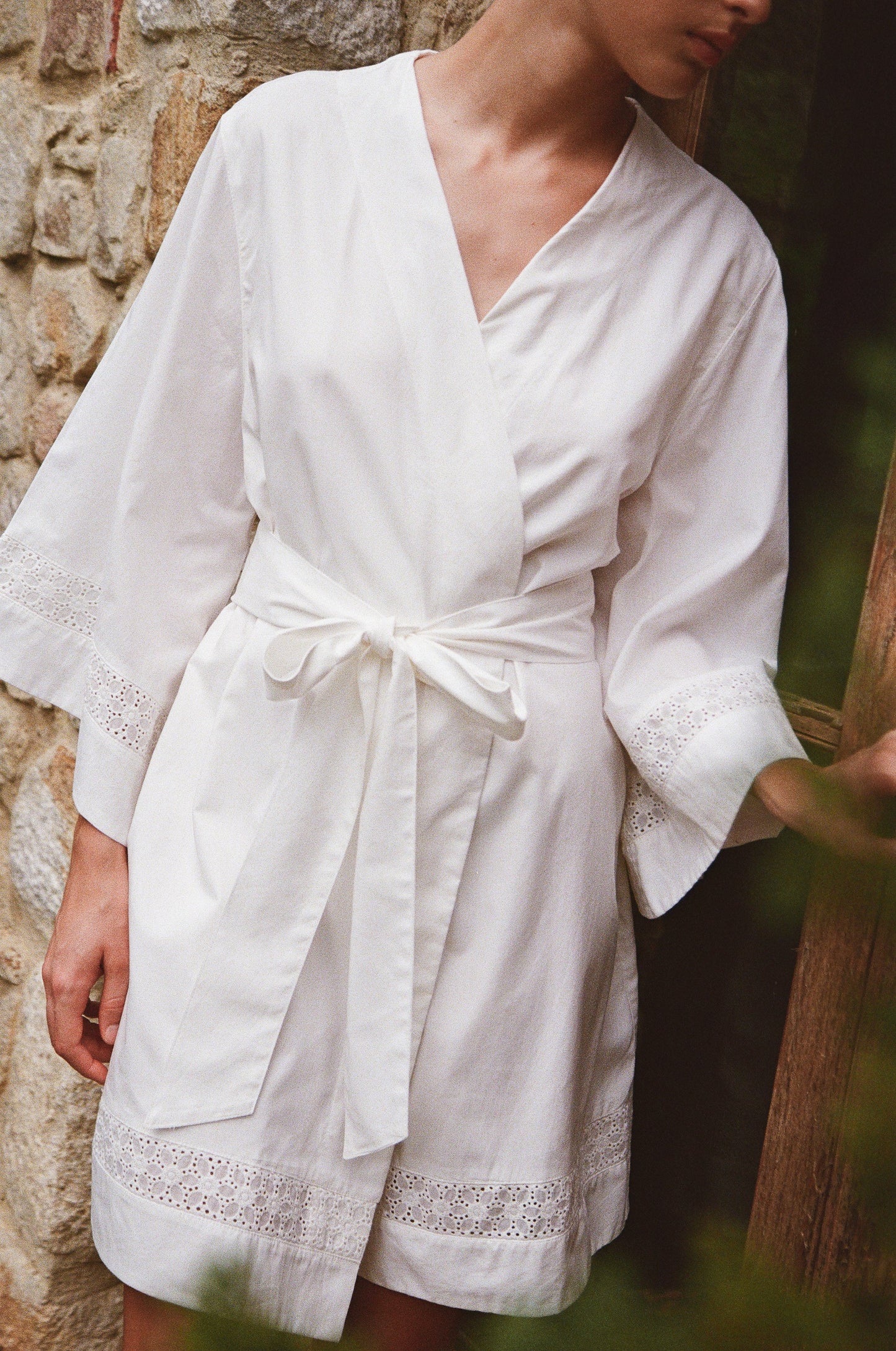 Giselle Bridal Robe - Cotton Modal Off White + Insert Trim