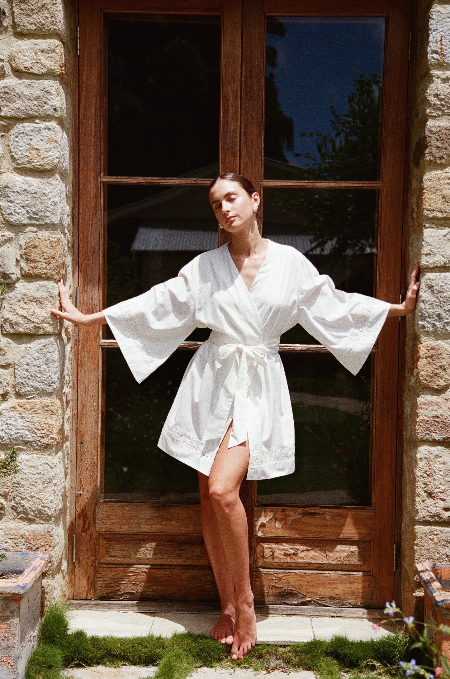 Giselle Bridal Robe - Cotton Modal Off White + Insert Trim