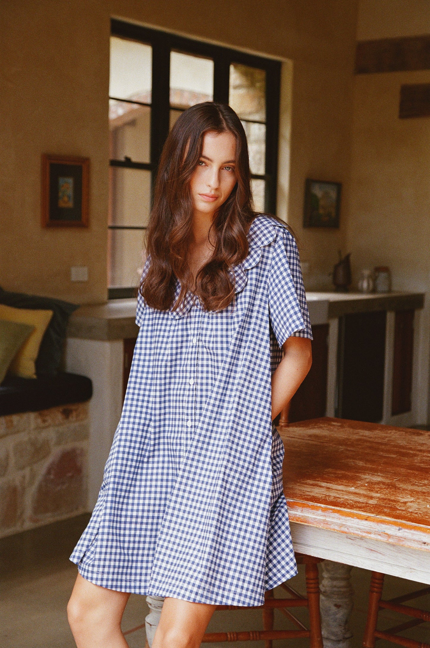 Penelope Lounge Dress - Gingham - Navy