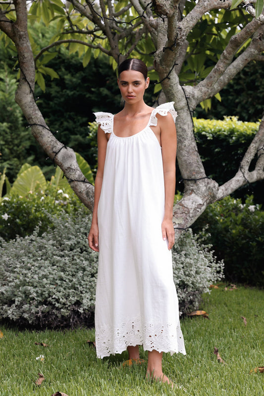 Indah Lounge Dress - Cotton Embroidery - Vanilla